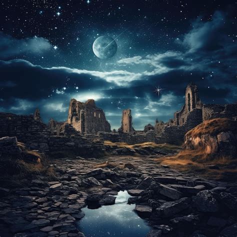 Premium Ai Image Castle Ruins Under Starry Sky