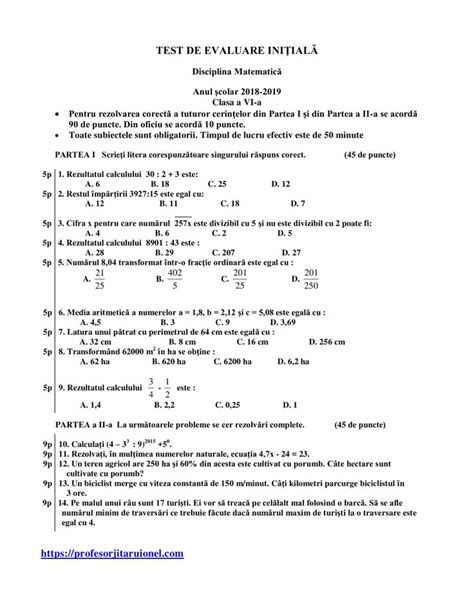 Test De Evaluare Intiala Clasa A 6 A Matematica 1