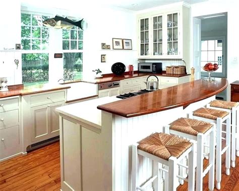 Neat Kitchen Island With Raised Bar Grey Cabinets Butcher Block Counter