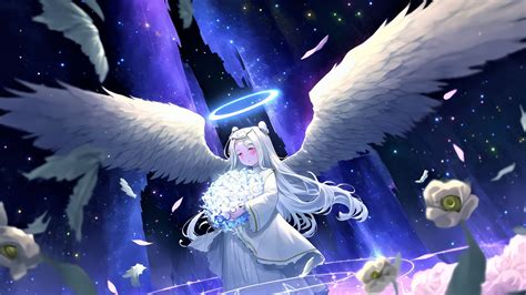Anime Girl Angel With Wings White Dress Halo Bouquet Sky Flowers 4k Hd
