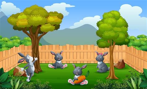 Premium Vector Cartoon Rabbits Playing In The Farm
