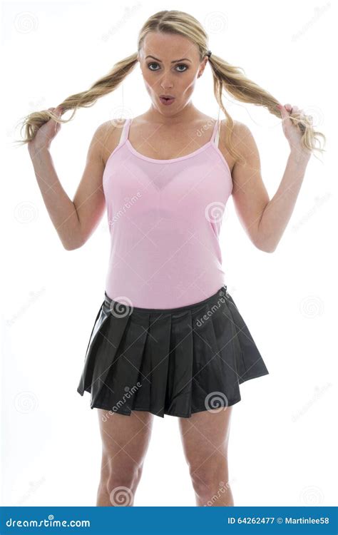 Beautiful Young Caucasian Woman Pulling Her Pigtails With Her Ha Stock