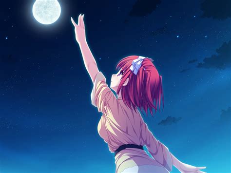 Red Haired Female Anime Reaching Moon Poster Hd Wallpaper Wallpaper Flare