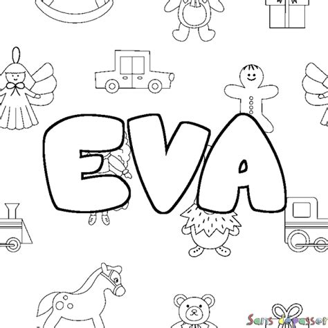 Coloriage prénom EVA - décor Jouets - Sans Dépasser