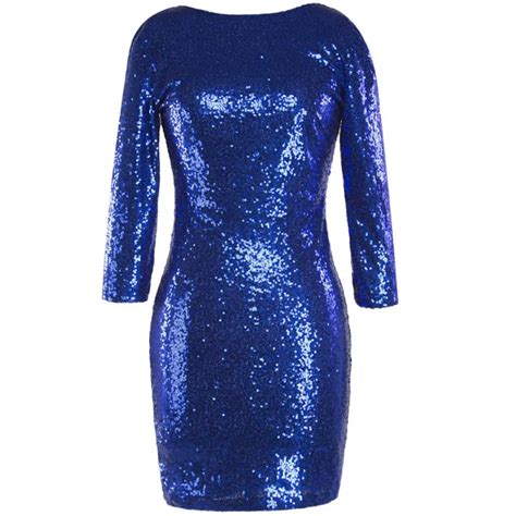 Sparkly Blue Sequin Dresses Women Sexy 34 Sleeve Slim Bodycon Sheath Dress Vesitos Night