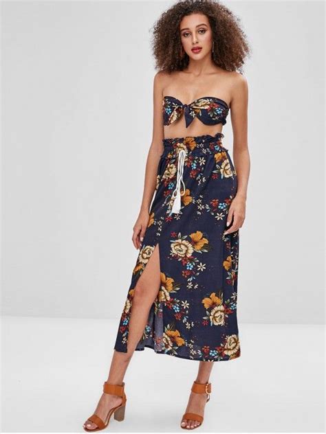 24 Off 2021 Zaful Floral Bandeau Top Skirt Two Piece Set In Deep