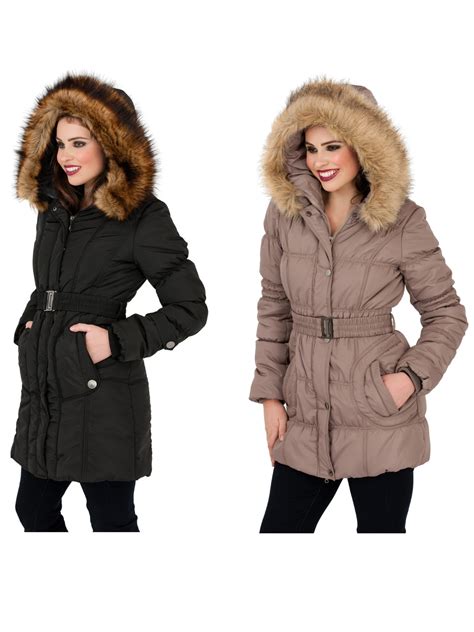 Womens Mid Length Padded Parka Coat Faux Fur Hooded Jacket Ladies Size