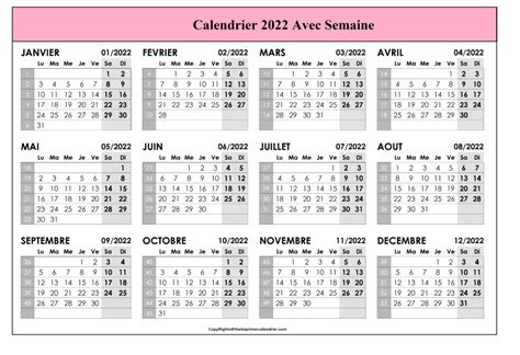 Gratuit Imprimables Calendrier 2022 Avec Semaine In Pdf And Mot