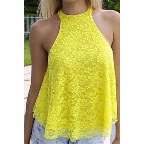 Sexy Halter Sleeveless Solid Color Hollow Out Lace Tank Top For Women Yellow Sexy Halter
