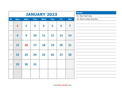 Free Download Printable January 2023 Calendar Large Space For