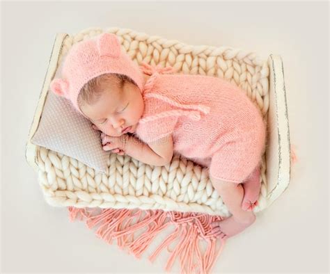 Newborn Baby Girl Sleeping In A Little Bed Stock Photo Image Of