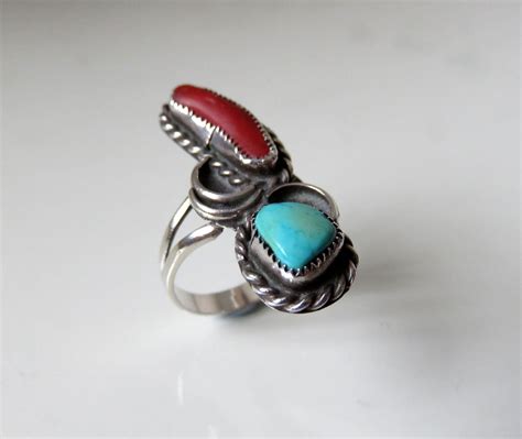 Vintage Sterling Silver Turquoise Coral Ring Navajo Size U Etsy