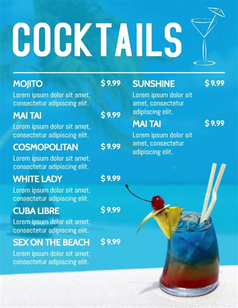 Blue Printable Drink Menu Template Cocktail Cocktail Menu Menu