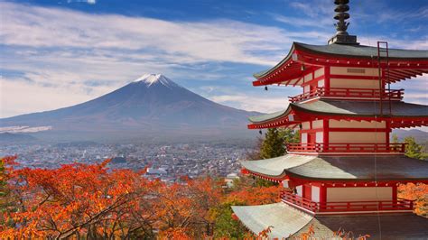 Japan Architecture Pagoda Red Leaves Fall Volcano Mount Fuji Hd