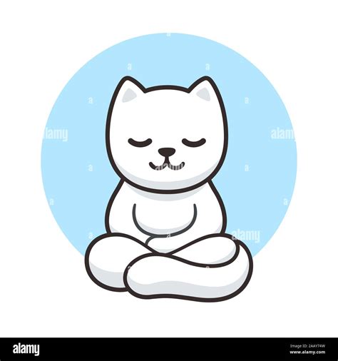 Zen Cat Meditation Simple Cartoon Drawing Cute White Cat Meditating