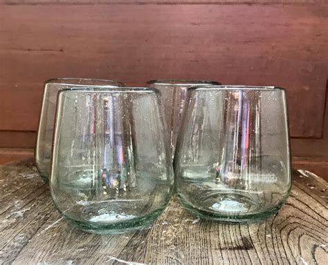 Handblown Recycled Glass Stemless Clear Wine Glasses Set Of 4 Etsy