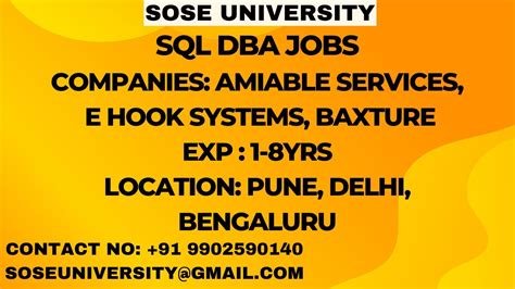 Sql Dba Job Openings For Amiable Services E Hook Systems Baxture