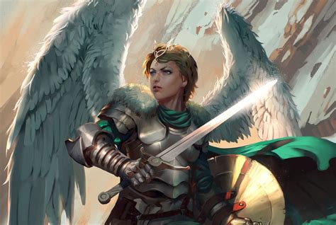 Fantasy Angel Warrior Woman Girl Sword Armor Angel Blue Eyes Short Hair