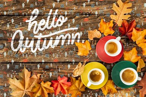 Free Psd Hello Autumn Concept With Cups Of Coffee