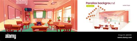 School Classroom Interior With Chalkboard Tables And Chairs Vector