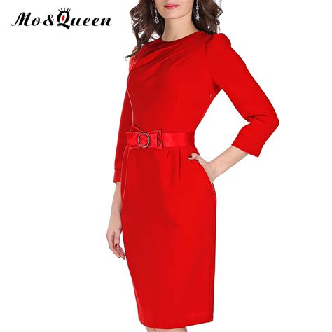 Red Women Bodycon Dress New Fashion Solid Slit Office Dresses Women Zipper O Neck Knee