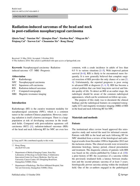 Pdf Radiation Induced Sarcomas Of The Head And Neck In Post Radiation