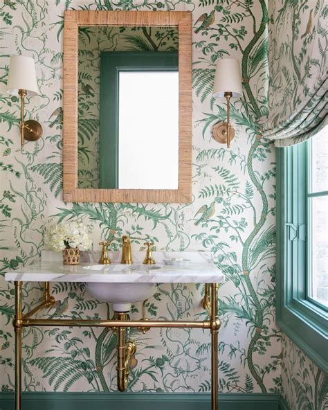 Brunschwig And Fils Bird And Thistle Green Wallpaper Powder Room Design