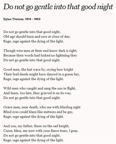 Do Not Go Gentle Into That Good Night By Dylan Thomas Good Night