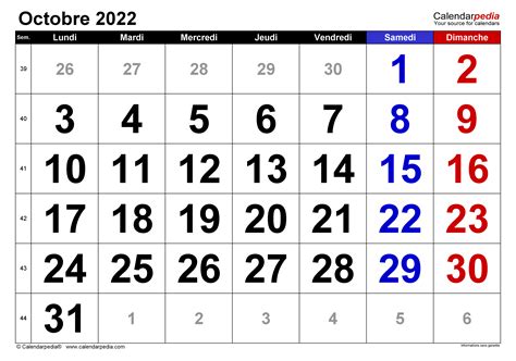 Calendrier Octobre 2022 Excel Word Et Pdf Calendarpedia