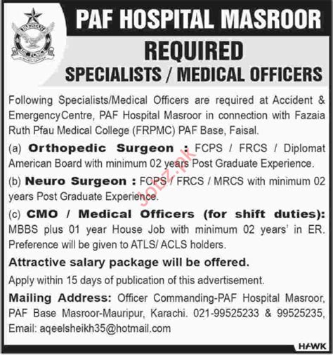 Paf Hospital Paf Base Masroor Karachi Jobs 2018 2023 Job Advertisement