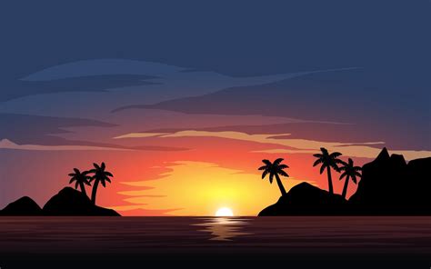 Isla Puesta De Sol Paisaje Con Palmeras Vector En Vecteezy