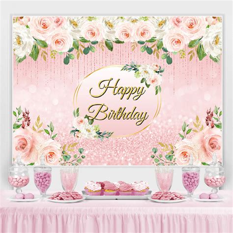 Pink Floral Glitter Happy Birthday Backdrop For Girl Lofaris