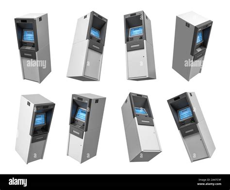 3d Rendering Of Many Modern Bank Atm Machines Flying On A White