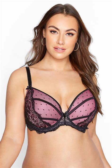 Black Pink Mesh Lace Spot Plunge Bra Yours Clothing