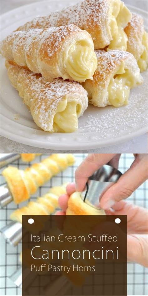 Rispy and buttery puff pastry cannoncini (italian cream horns) filled with rich custard cream Italian Cream Stuffed Cannoncini (Puff Pastry Horns) in ...