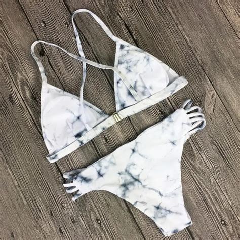 Sexy Marble Print Swimwear Women 2018 Brazilian Bikini Set Hollow Out Swimsuit Push Up Padded