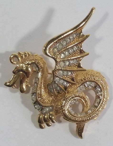 Dorlan Clear Rhinestone Dragon Shaped Gold Tone Costume Jewelry Brooch
