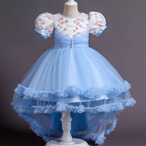 New Style Bubble Sleeve Tail Dress Girl Birthday Flower Girl Embroidery