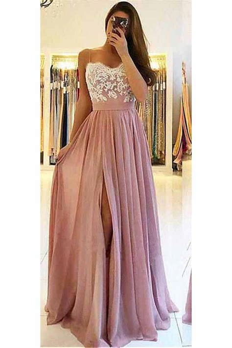 A Line Spaghetti Straps Chiffon Sweetheart Prom Dresses With Slit Lace On Sale Promdressmeuk