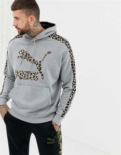 Puma Pullover Hoodie With Cheetah Side Stripe In Gray In Gray For Men