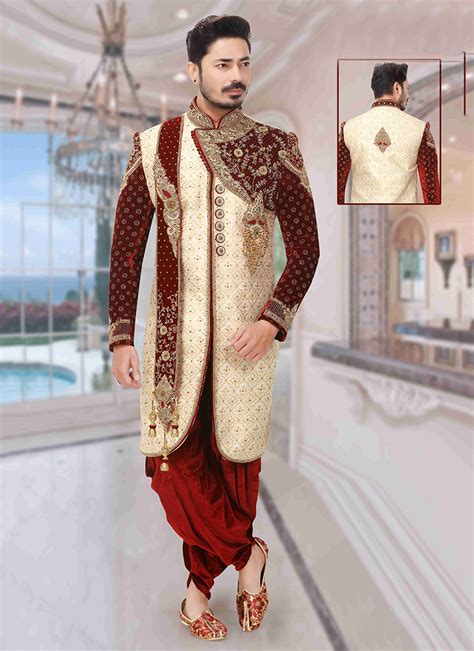 Buy Wedding Wear Cream Brocade Embroidery Work Dhoti Sherwani Online