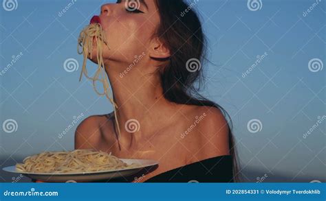 Beautiful Woman Eating Pasta Spaghetti Girl Stock Video Video Of