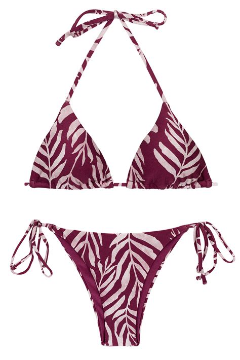 Wine Red Side Tie Brazilian Bikini With Leaf Pattern Set Palms Vine Tri Inv Ibiza Rio De Sol