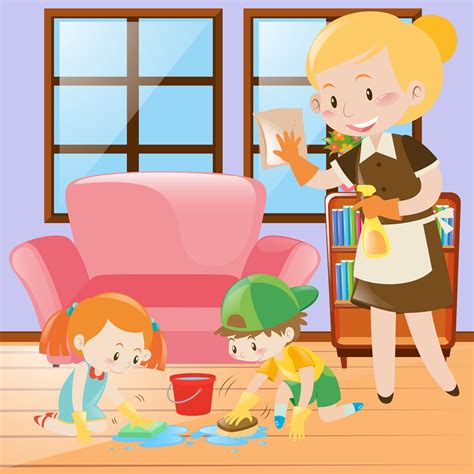 Kids And Maid Cleaning The House 369817 Vector Art At Vecteezy