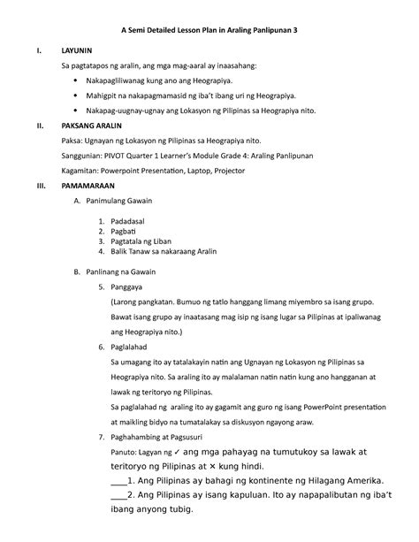 A Semi Detailed Lesson Plan In Araling Panlipunan 4 Docx A Semi Riset