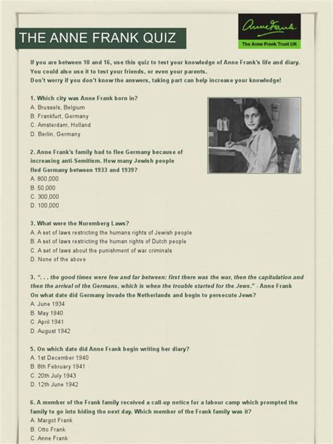 Anne Frank Quiz Anne Frank Dutch People