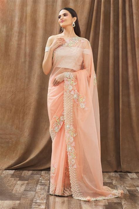 Gaurav Katta Zardozi Embroidered Saree With Blouse Peach Pearl