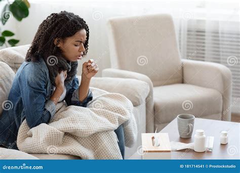 Respiratory Illness Sick Black Woman Coughing Hard At Home Stock Image