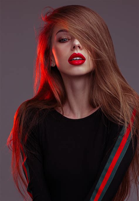 Wallpaper Women Model Red Lipstick Looking At Viewer Hair In Face Long Hair Sweatshirts
