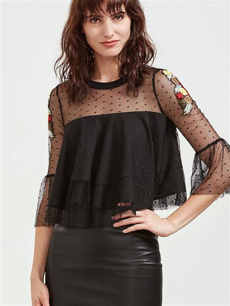 Embroidered Sheer Shoulder Layered Dotted Mesh Top Sheinsheinside